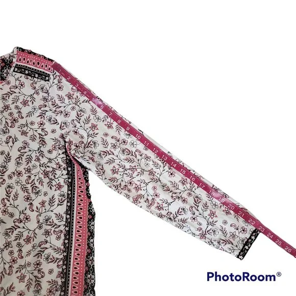 J.Jill Women's Border Floral Print Long Sleeve Peasant Top Black/Pink Sz Medium - Picture 10 of 13